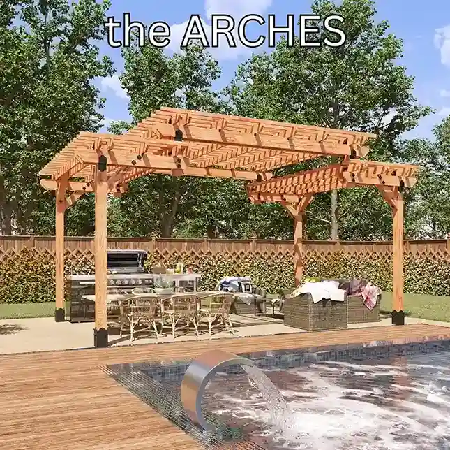 A cedar pergola whose slatted canopy steps up in two cantilevered tiers, over an outdoor kitchen and dining table beside a pool with a water spout.