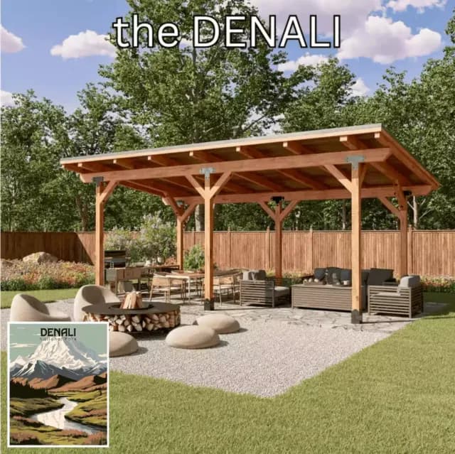 A wide cedar structure on six posts with a solid flat roof, covering a gravel courtyard of lounge seating, a dining table and a round fire pit.