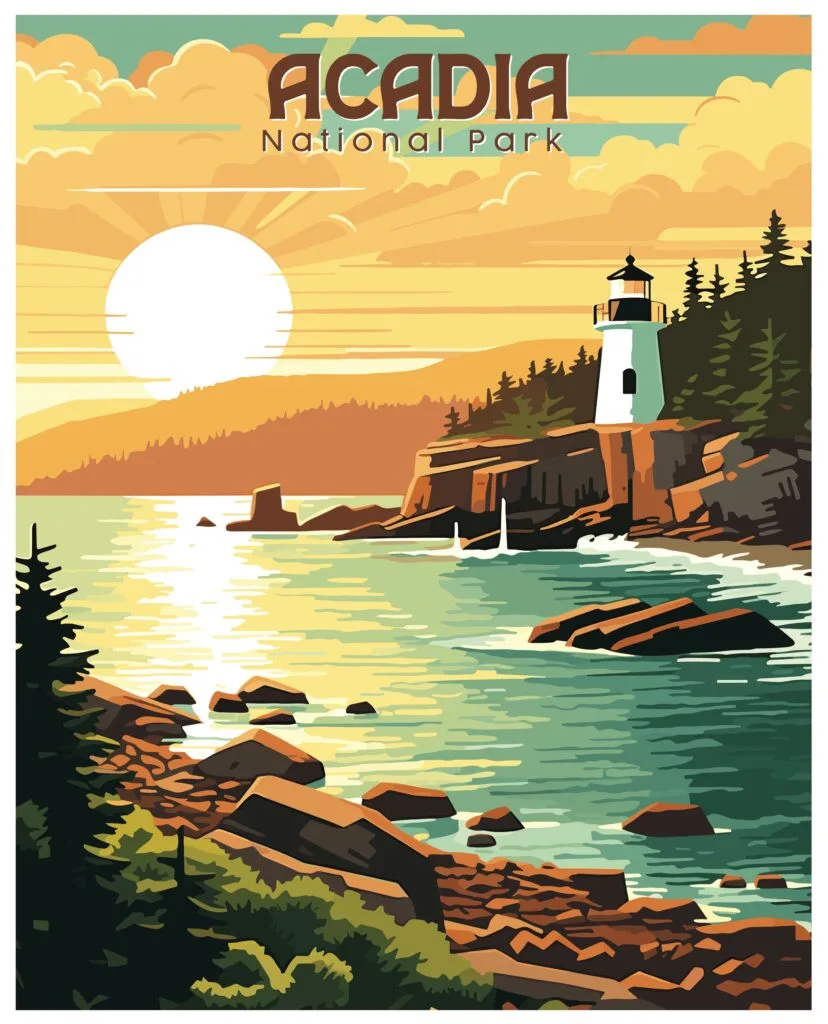 A vintage-style Acadia National Park poster: a white lighthouse on a rocky headland above a turquoise sea at sunrise.