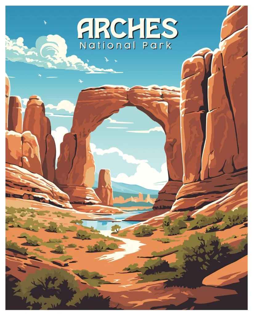 A vintage-style Arches National Park poster: a red sandstone arch against a bright blue sky with a sandy wash running beneath it.