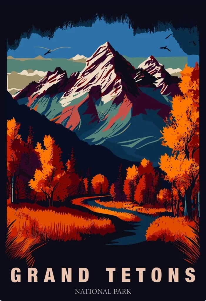 A vintage-style Grand Tetons National Park poster: snow-streaked peaks over a river and orange autumn aspens, birds against a blue sky.