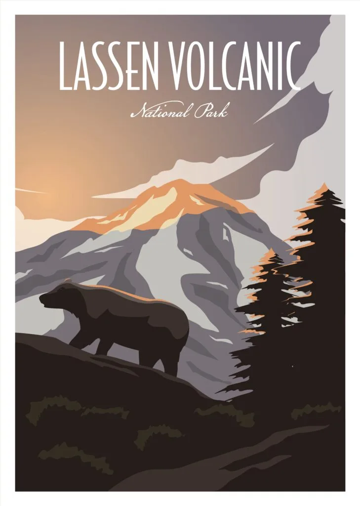 A vintage-style Lassen Volcanic National Park poster: a bear on a dark ridge below the snow-capped peak, the sky washed orange behind it.