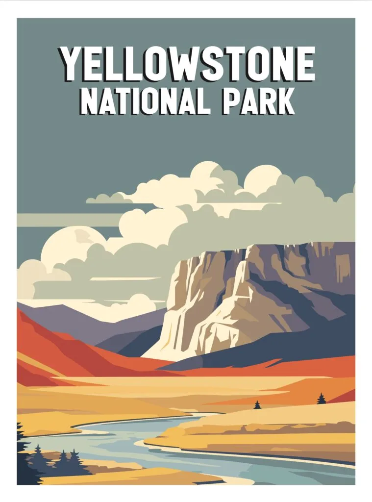 A vintage-style Yellowstone National Park poster: a pale cliff face above an ochre valley with a river winding out of it.