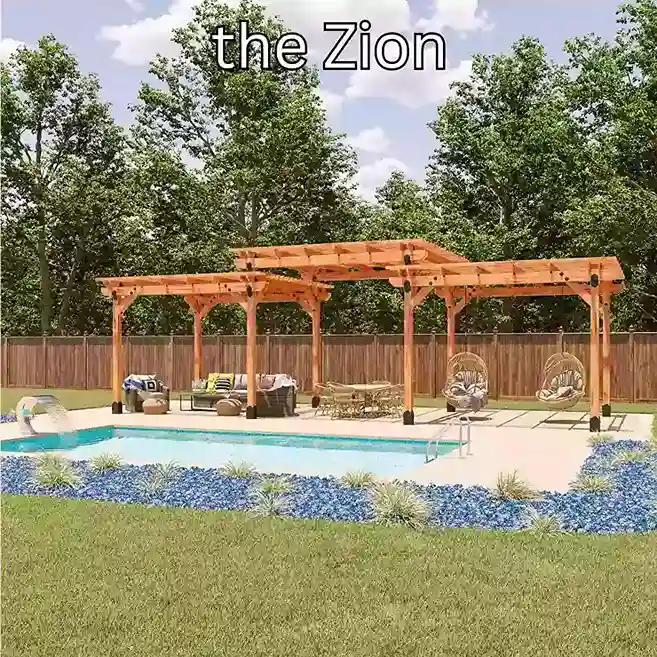 A long eight-post cedar pergola with a raised centre section, wrapping a poolside patio of lounge seating and two hanging egg chairs.