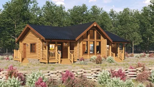 A 3D model of the Bearbones Ranch, a single-storey round log home with a glazed gable porch, among wildflowers.