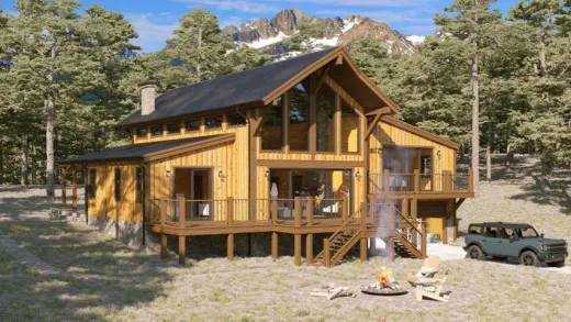 A 3D model of a two-storey Sierra home with a glazed gable, a deck on posts and a fire pit in front, under snow-capped peaks.