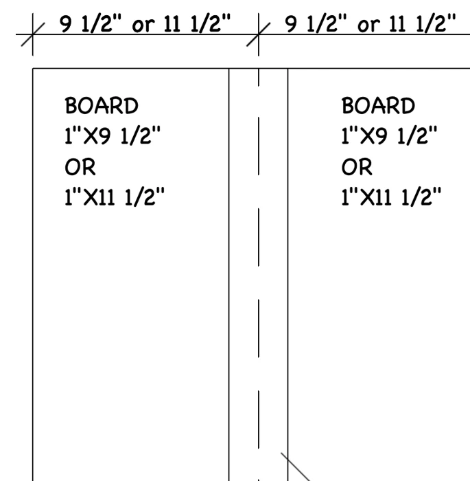 The mill's drawing of WUI compliant board and batten siding: two boards 1 inch by 9 1/2 or 11 1/2 inches side by side, with a 1 1/8 by 3 inch batten over the joint.