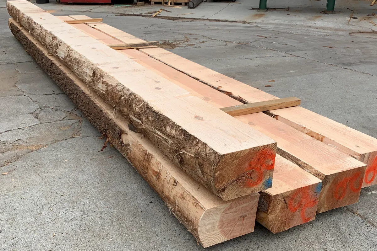 Heavy Douglas fir D-log material stacked on the mill floor: timbers sawn flat on their faces with the bark and the log's natural round left on their backs, paint marks on their ends.