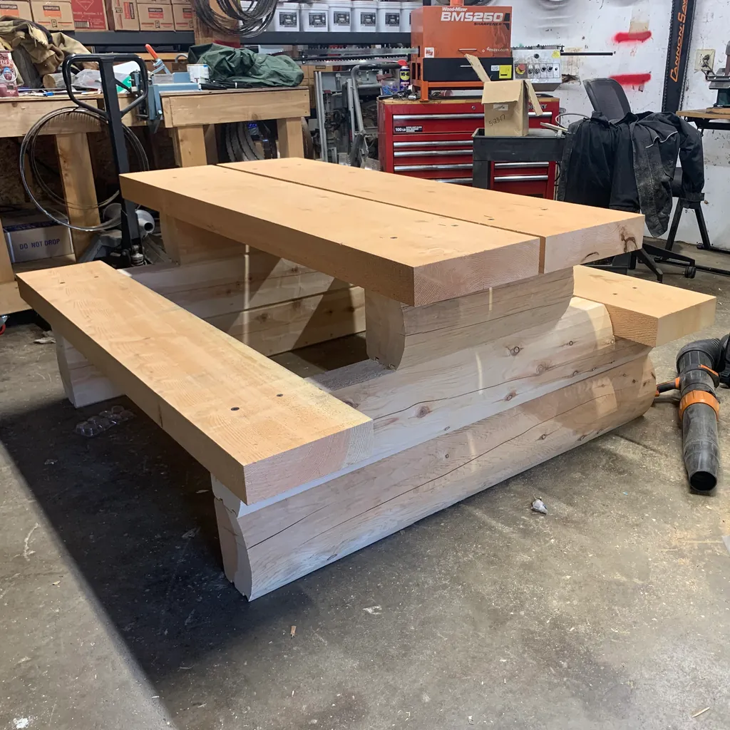A picnic table made in the mill's shop for a home and garden show, still unfinished: thick timber slabs for the top and for a bench on each side, resting on log sections stacked like a log wall, their rounded faces showing at the ends, with a red tool chest and saw blades behind.