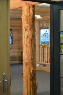 A natural log post standing in a doorway of the showroom, peeled by hand: its taper, knots and the long marks of the peel left showing.
