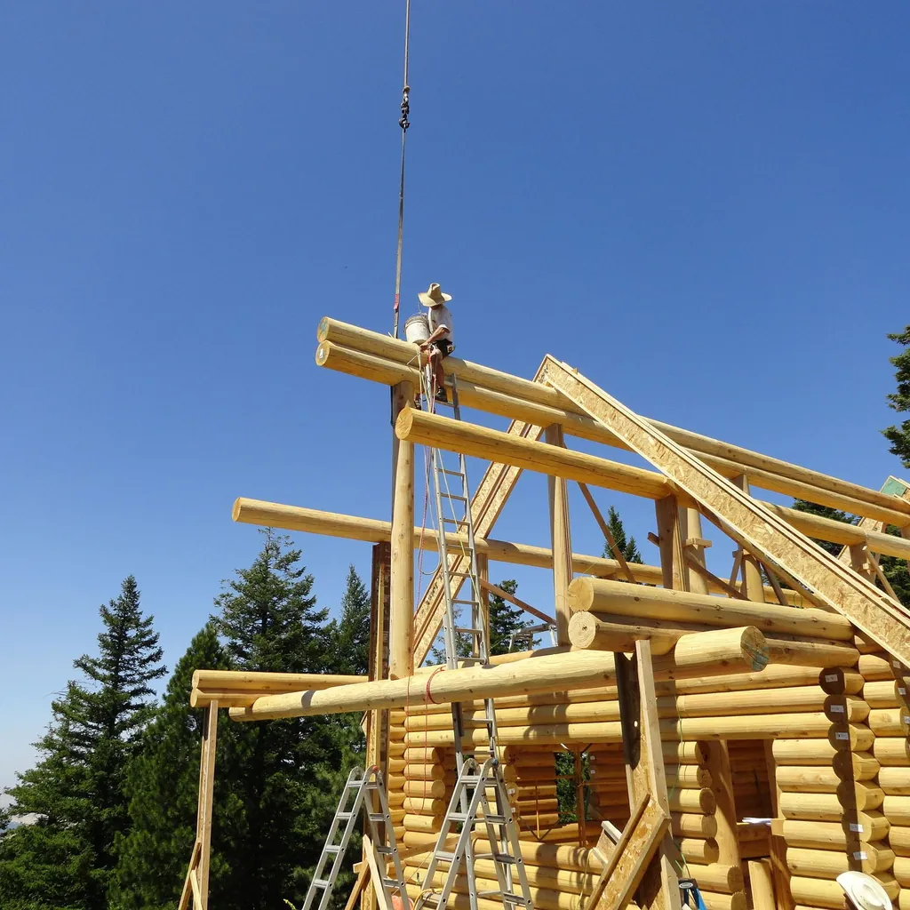 A worker standing at the top of a round log frame as a crane lowers logs onto the ridge, peeled log purlins and rafters resting on the ridge beam above stacked log walls, with ladders against the frame and firs behind.