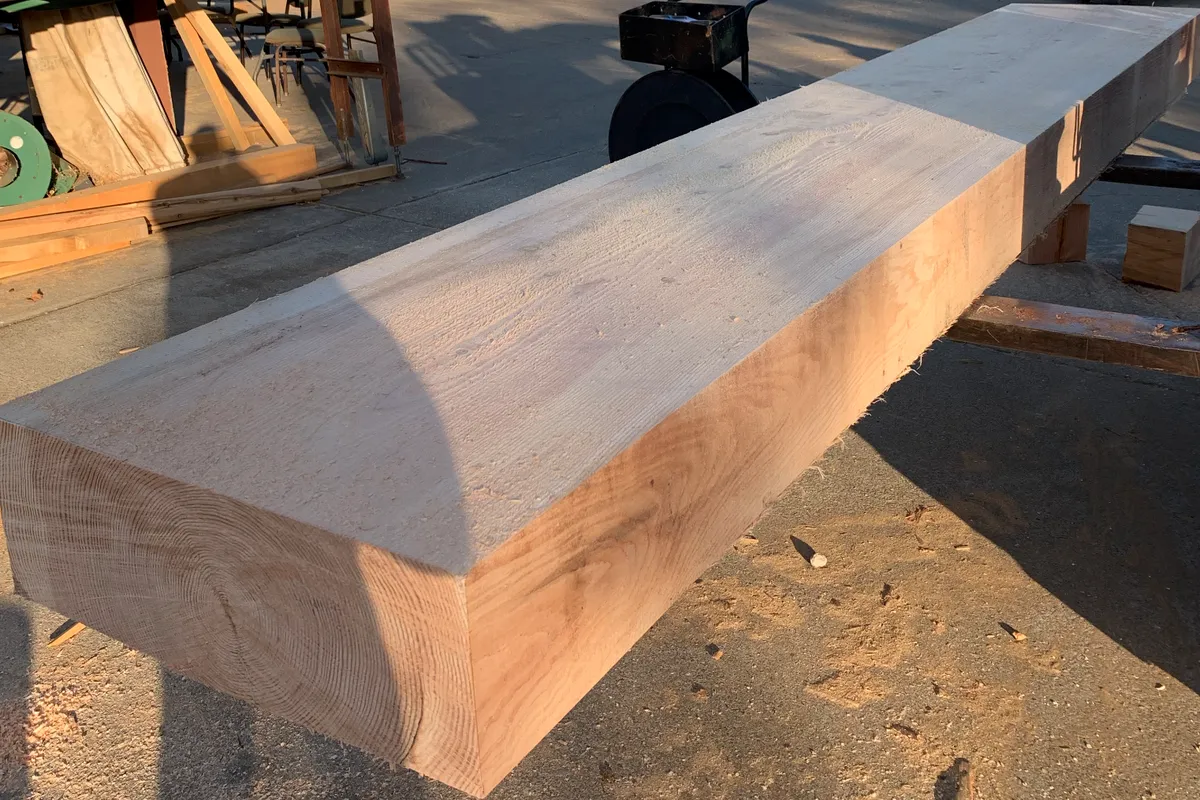 A large rough sawn Douglas fir timber laid across the mill yard in low sun: saw marks run across its top face and the growth rings show on its squared end, with a strapping cart and stacked offcuts behind.