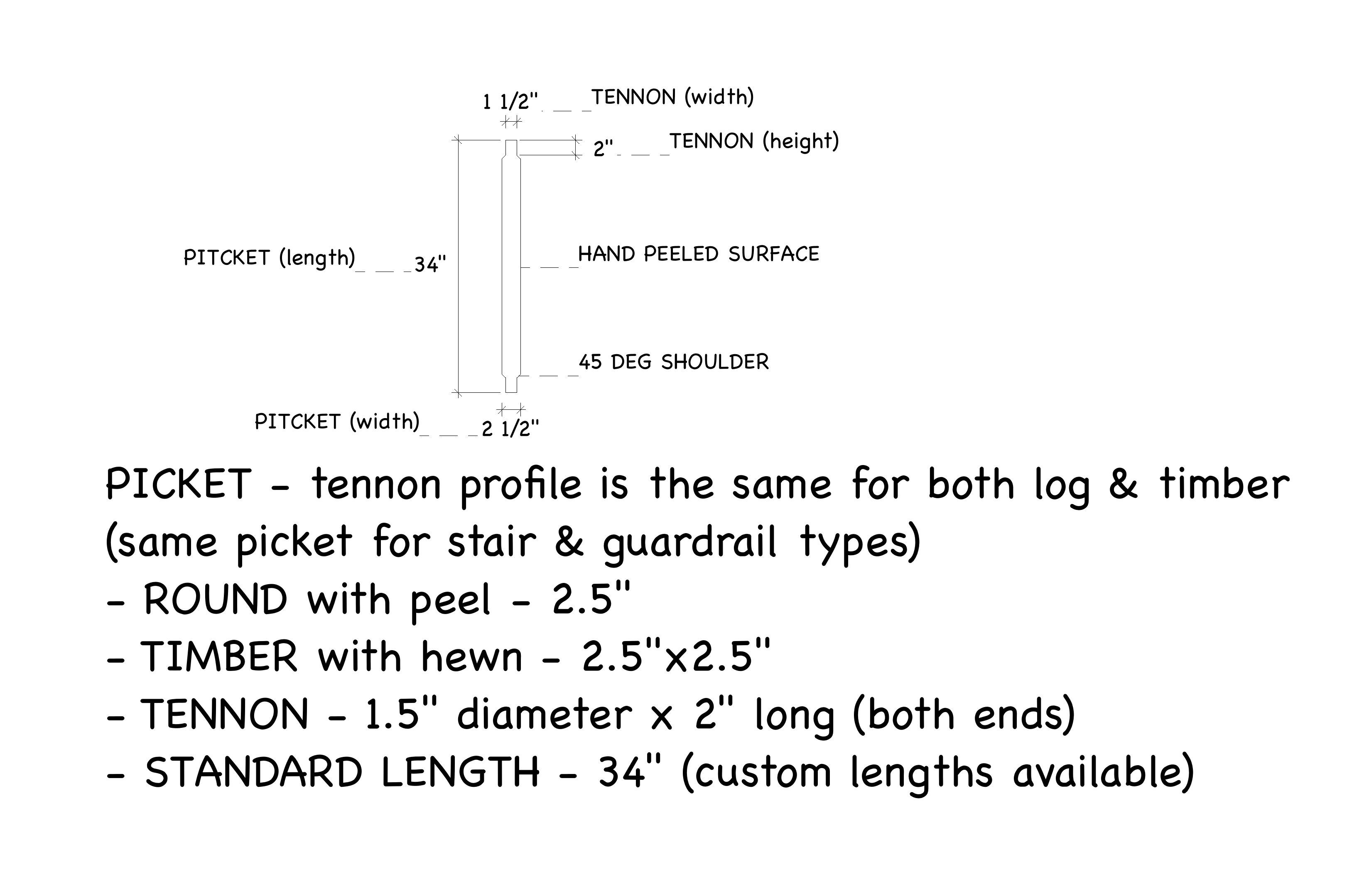 The mill's detail of one picket: 34 inches long and 2 1/2 inches wide, a hand peeled surface, a 45 degree shoulder and a tenon 1 1/2 inches in diameter and 2 inches long at each end, the same tenon for log and timber; round with peel 2.5 inches, or timber hewn 2.5 by 2.5 inches; 34 inches standard, custom lengths available.