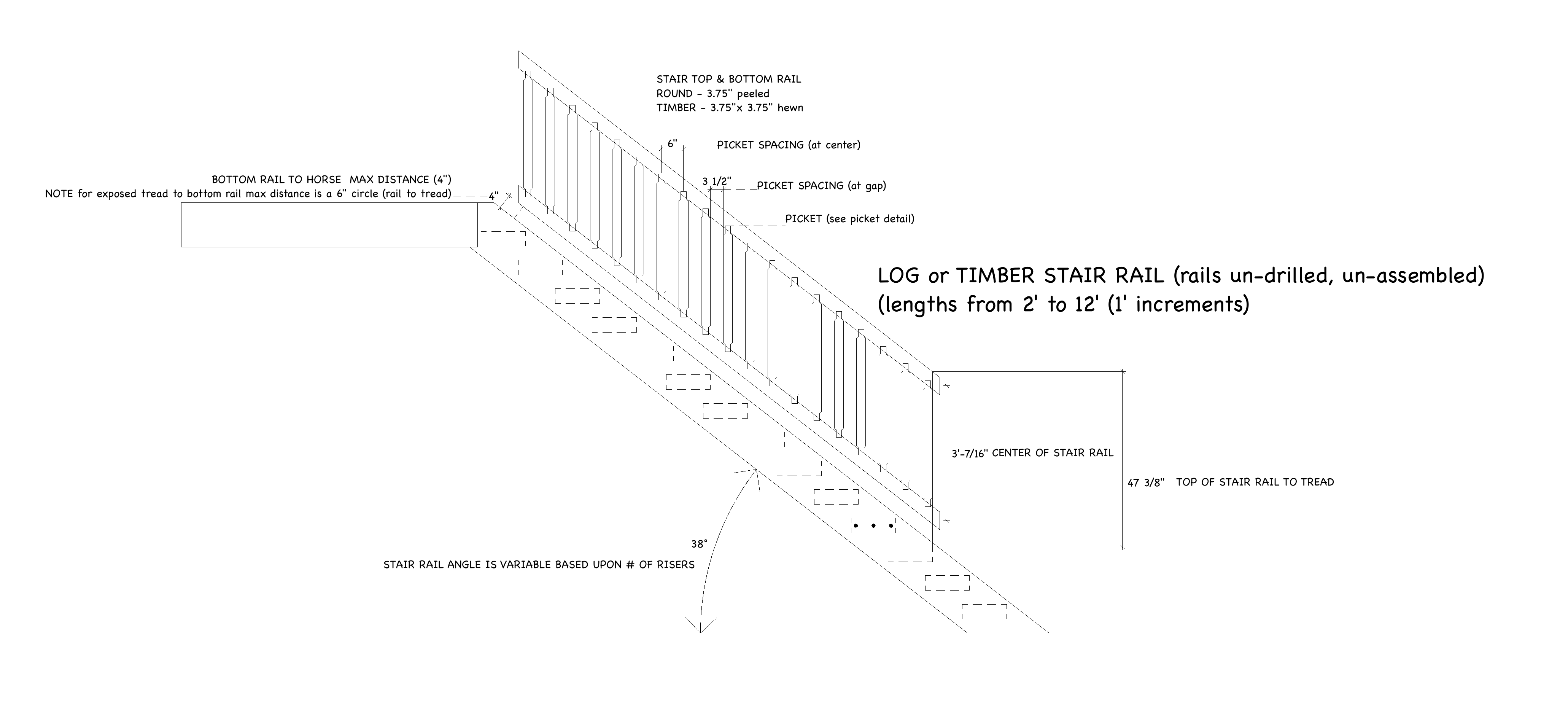 The mill's detail of the log or timber stair rail, running down a stair: a top and a bottom rail, round 3.75 inches peeled or timber 3.75 by 3.75 inches hewn, pickets 6 inches apart at their centres and 3 1/2 inches at the gap, 47 3/8 inches from the top of the stair rail to the tread, and the bottom rail no more than 4 inches from the horse, or a 6 inch circle from an exposed tread. Drawn at 38 degrees; the angle depends on the number of risers.