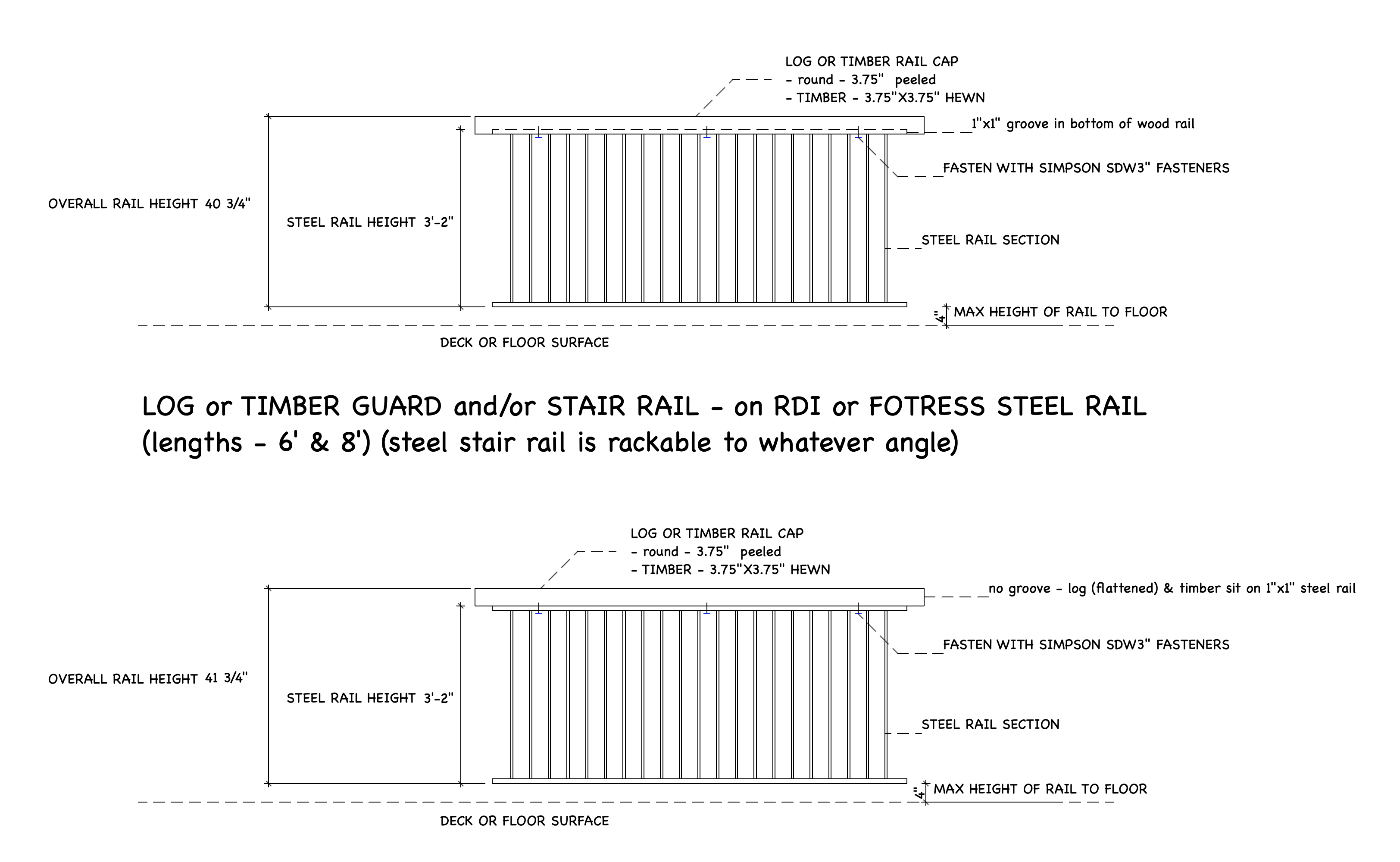 The mill's detail of a log or timber rail cap on a steel rail section 3 feet 2 inches high, drawn twice: once with a 1 by 1 inch groove in the bottom of the wood rail, 40 3/4 inches overall, and once with no groove, the log flattened or the timber sitting on the steel rail, 41 3/4 inches overall. Both are fastened with Simpson SDW fasteners and sit no more than 4 inches above the deck or floor.