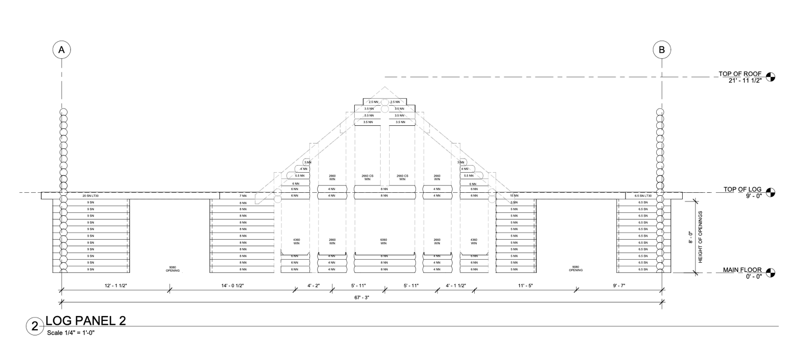 Wall elevation titled Log Panel 2, scale 1/4″ = 1′-0″, 67′-3″ long between grid lines A and B: every log course in the wall carries its label, such as 9 SN, 8 NN, 5 NN, 6.5 SN and 20 SN LT30, around two 9080 openings and the window openings, with a gable over the middle, from the main floor at 0′-0″ to the top of log at 9′-0″ and the top of roof at 21′-11 1/2″.