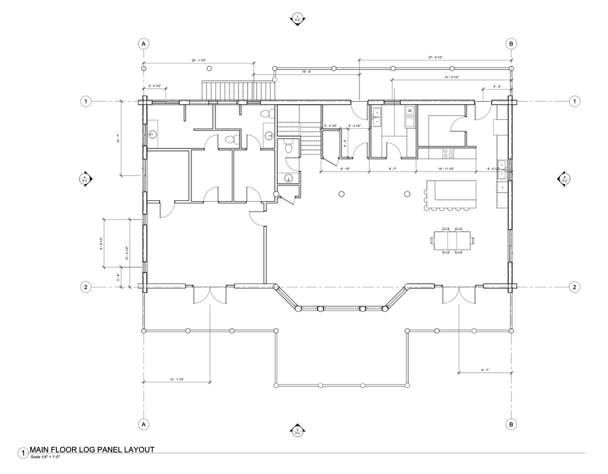Floor plan titled Main Floor Log Panel Layout, scale 1/4″ = 1′-0″: the main floor of a log home between grid lines A and B and 1 and 2, its log walls drawn and dimensioned, with a wrap-around deck and section markers on each side.