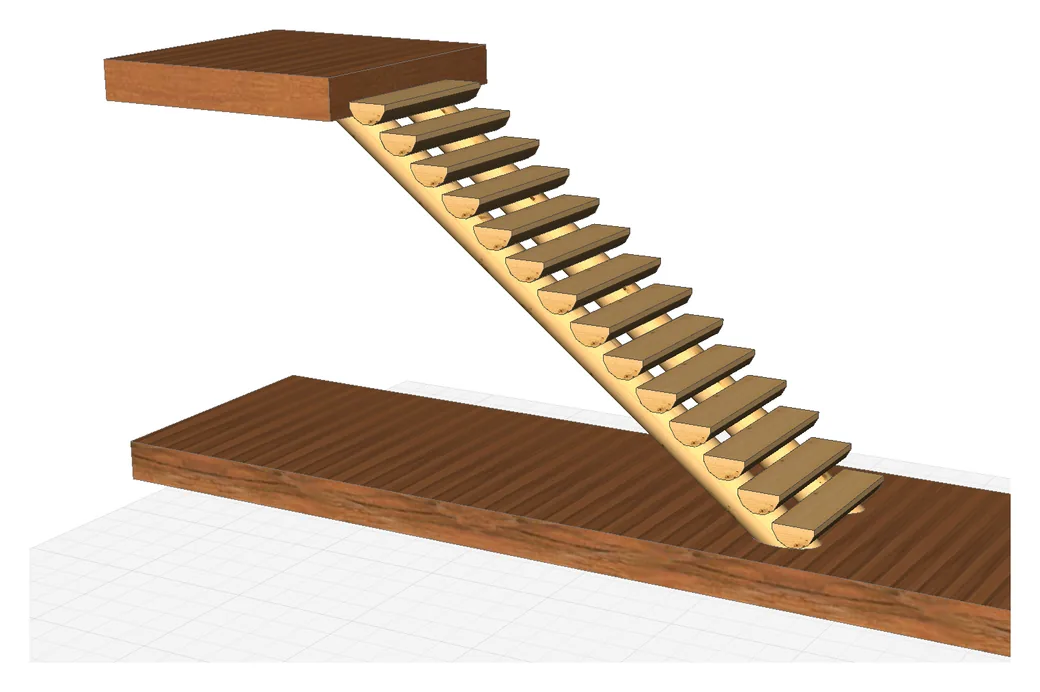 A 3D model of the log stair system with nothing around it: a straight run of half log treads, round side down, stepping from an upper floor to a lower one on log horses under them.