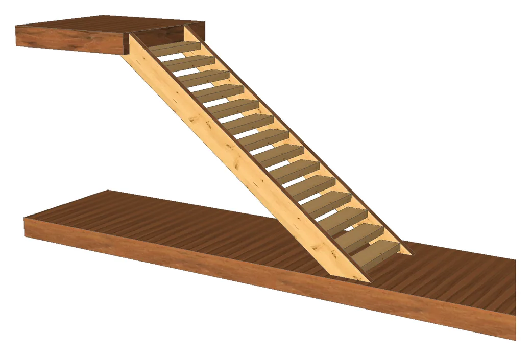 A 3D model of the timber stair system with nothing around it: two timber horses running from an upper floor down to a lower one, with square timber treads between them and open space between the treads.