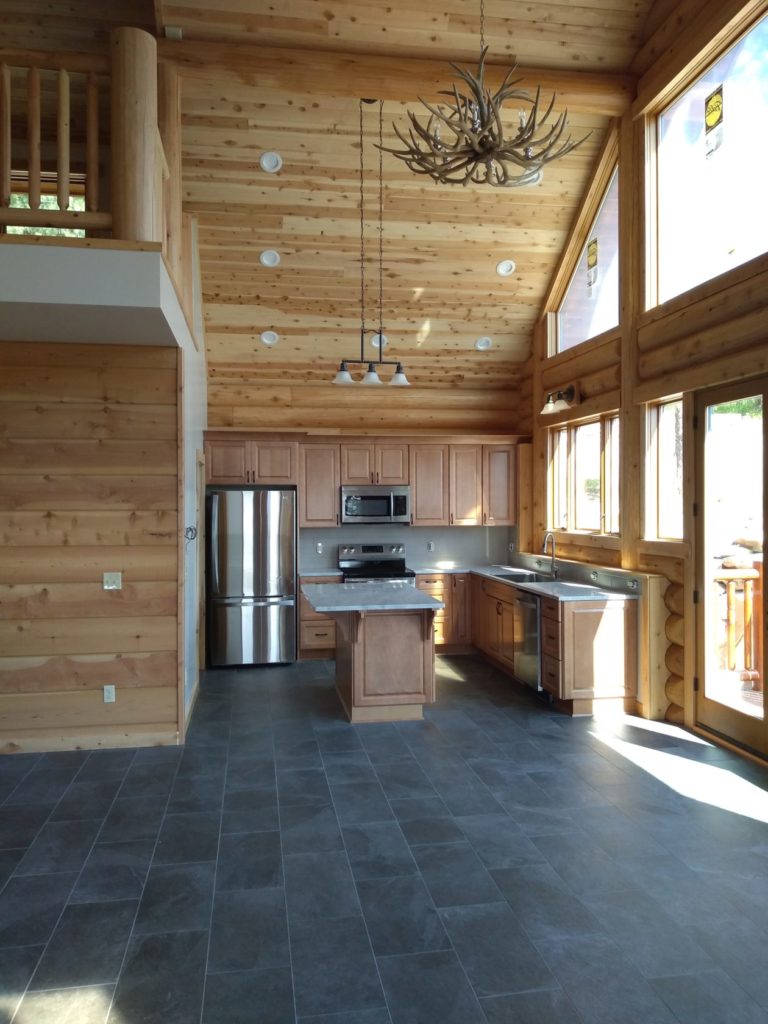 side kitchen in log home