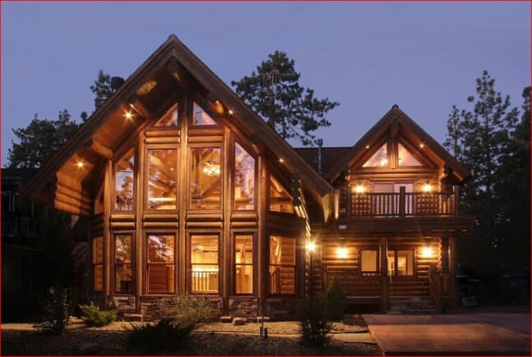 Sparkling log home with lights