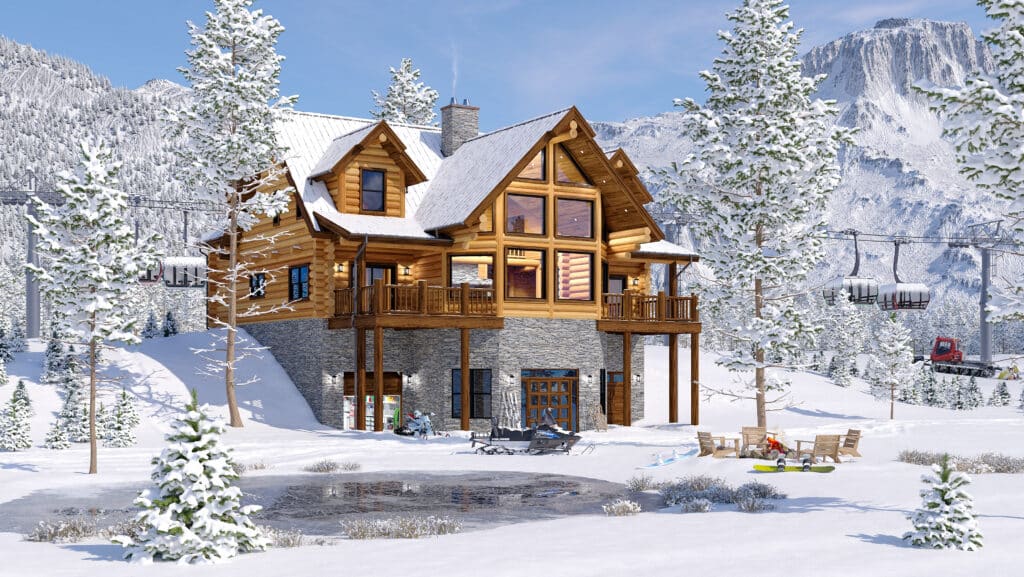 beautiful luxury Log home in snow