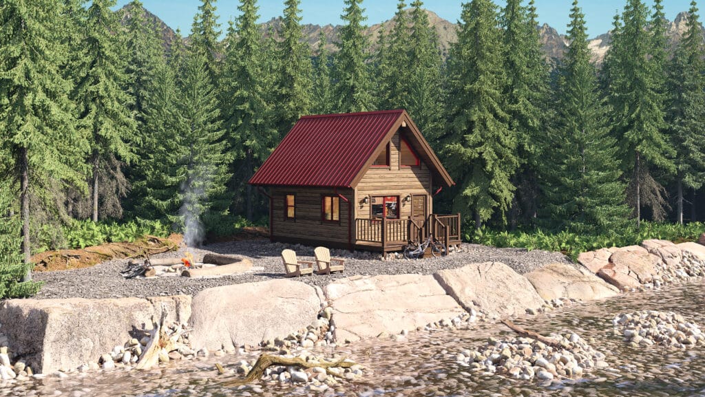 Crow's Nest floor plan shows a custom log house with red roof