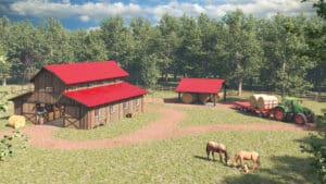 A modern barn with red roof in a pristinely beautiful wilderness space.