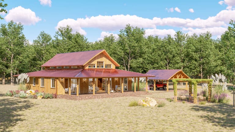 Western Barndomonium floor plan featuring red roof and log home features