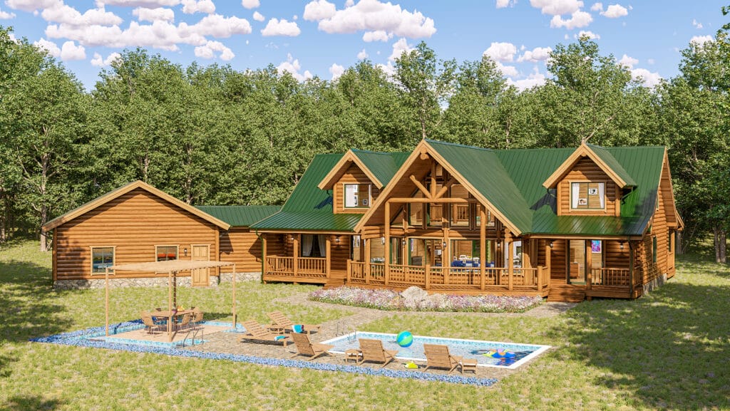 Elkton custom home floor plan featuring jumbo logs and green roof