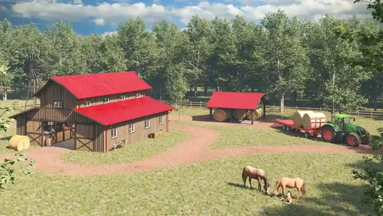 A modern barn with red roof in a pristinely beautiful wilderness space 11zon (1)