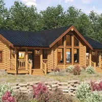 Bearbone Ranch floor plan showing log home with black roof next to trees 11zon