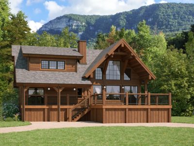 luxury log home with green garden