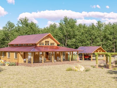 Western Barndomonium floor plan featuring red roof and log home features