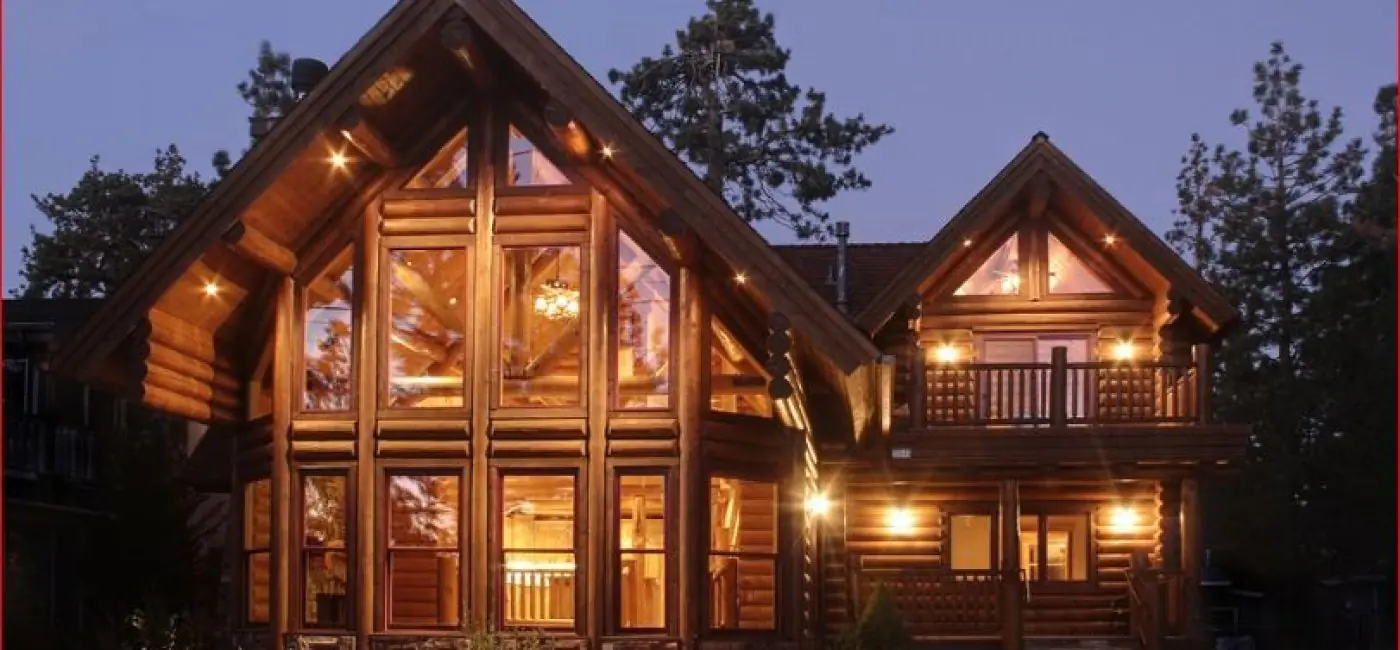 Sparkling log home with lights